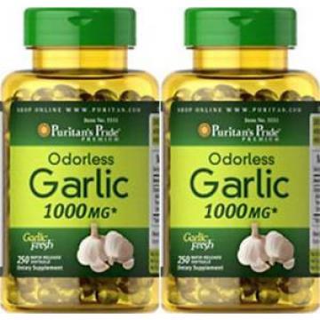 Puritan&#039;s Odorless Garlic 1000 mg 2X 250 Sgels Allicin Cholesterol Heart + Bonus